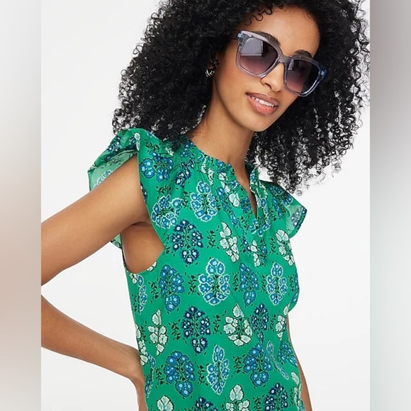J. Crew Green Floral Flutter Sleeves Split Neck Cotton Blouse Size Small SP2025 - Picture 1 of 10